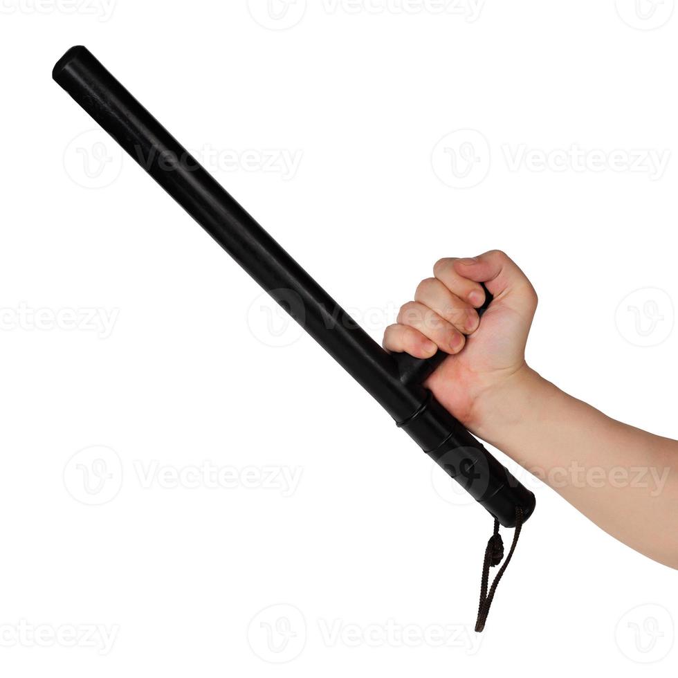 bare hand with black rubber police baton isolated on white background photo