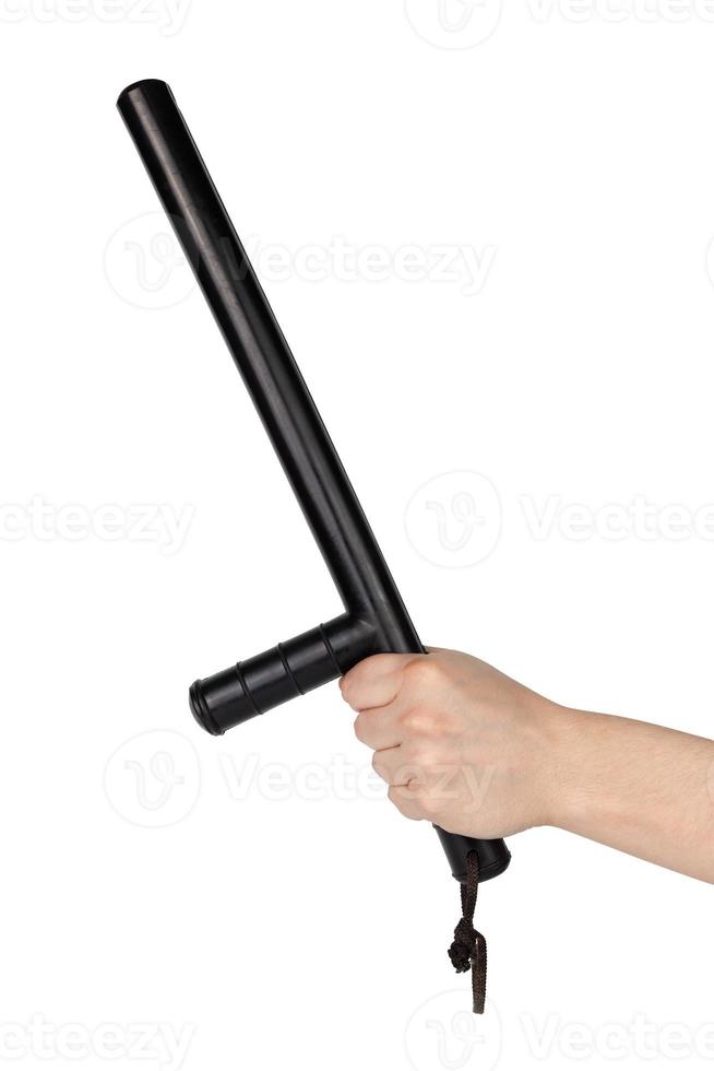 bare hand with black rubber police baton isolated on white background photo