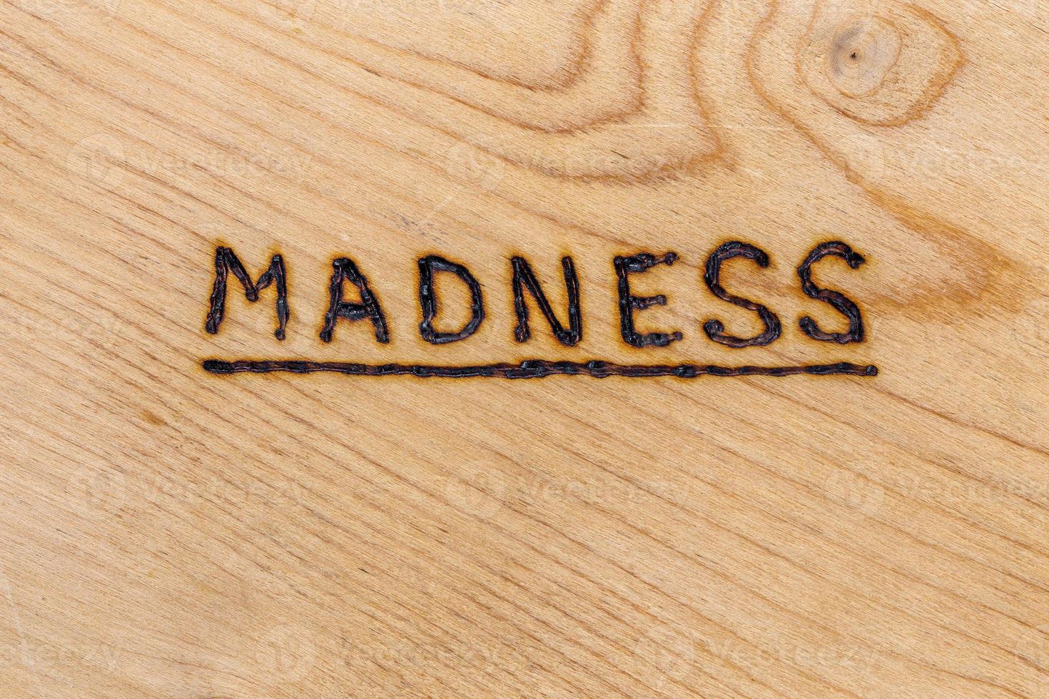 the underlined word madness handwritten with woodburner on flat plywood surface in flat lay directly above view photo