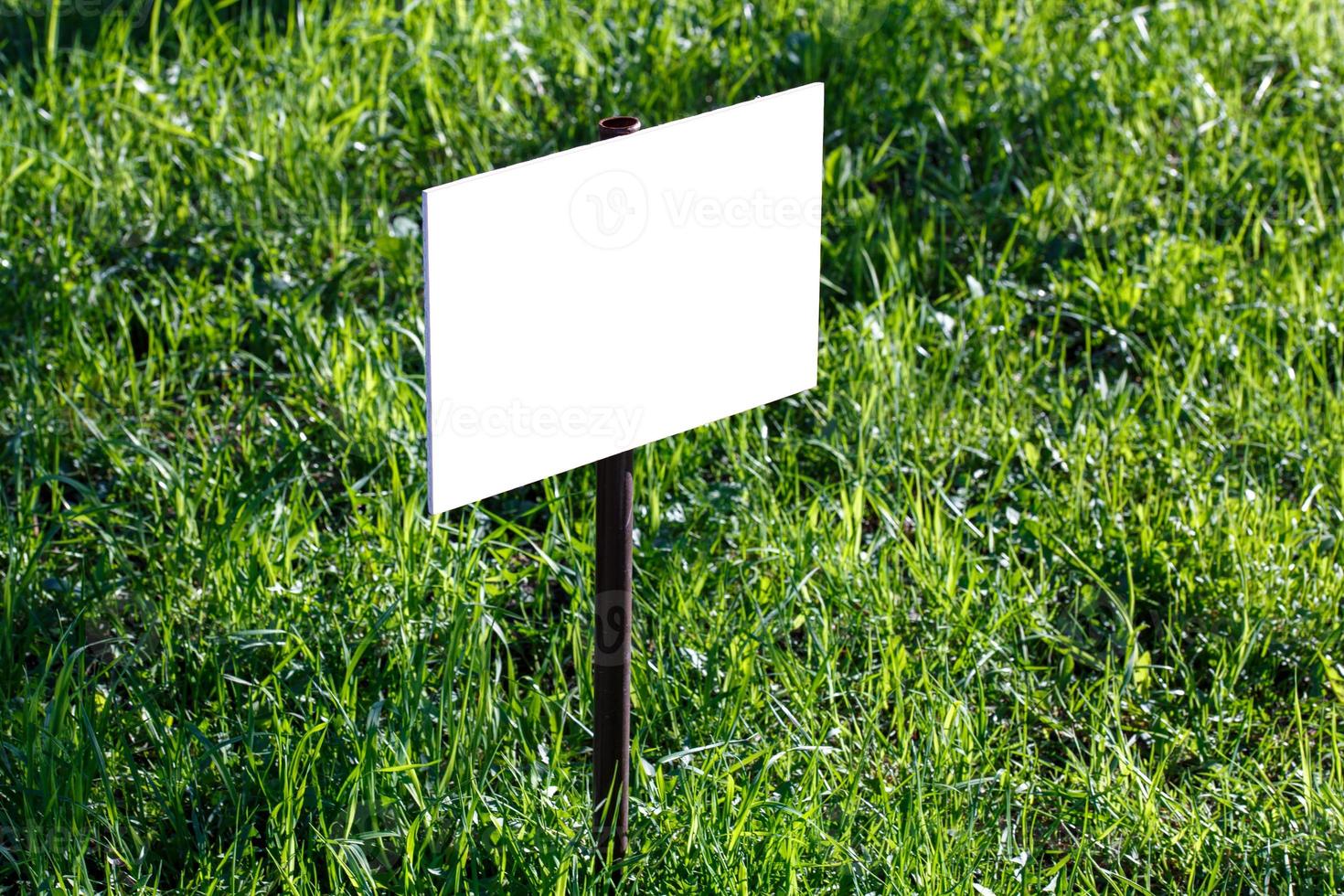 blank white sign mockup on green lawn background - close-up with selective focus photo