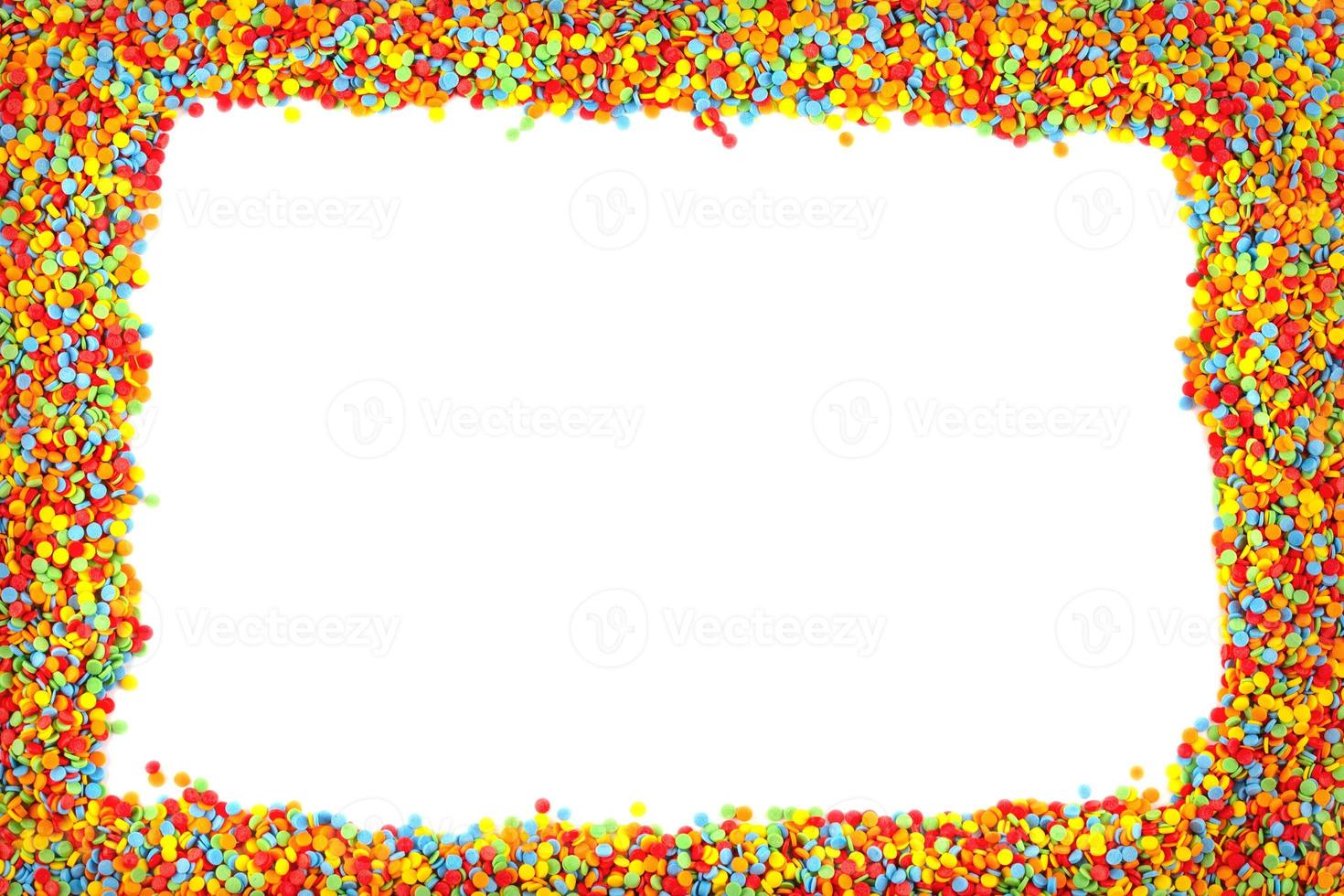 Rainbow colored sugar sprinkle dots, decorative frame mockup. photo