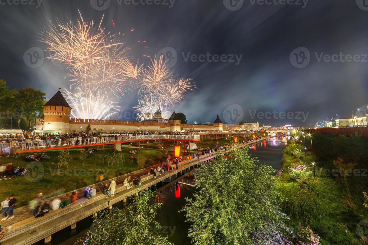 summer night fireworks above the kremlin at end of day of the city in Tula, Russia photo