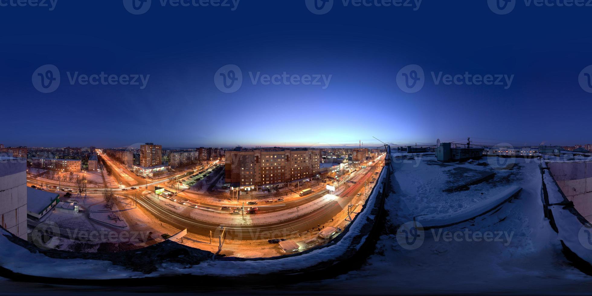 TULA, RUSSIA FEBRUARY 08, 2012 Night city winter roof spherical panorama in equirectangular projection. photo