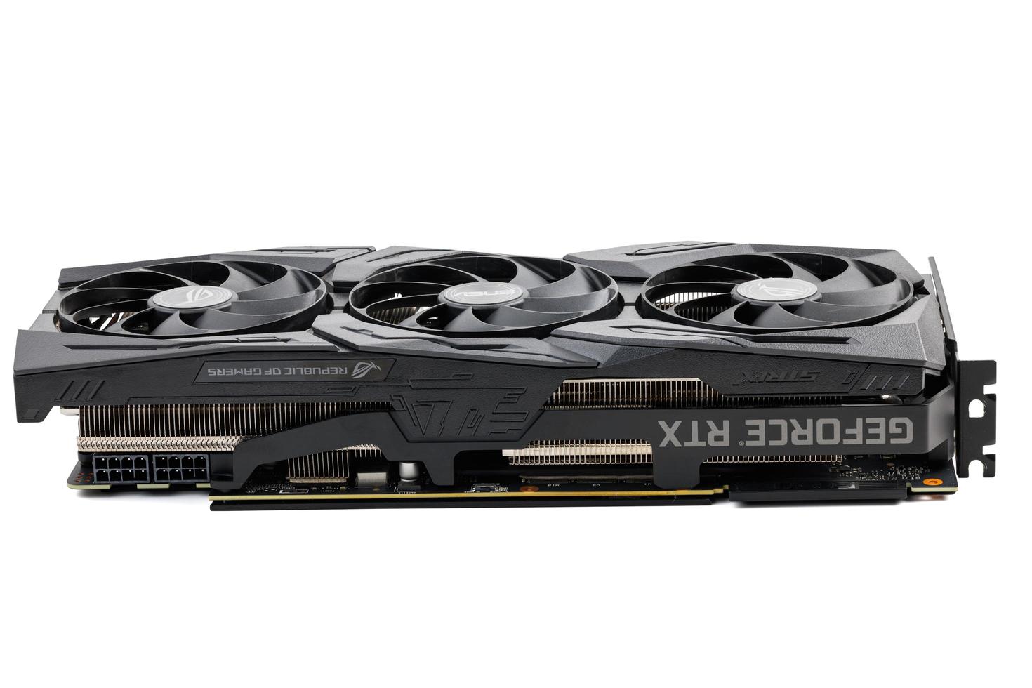 big black contemporary gaming graphics card isolated on white background photo