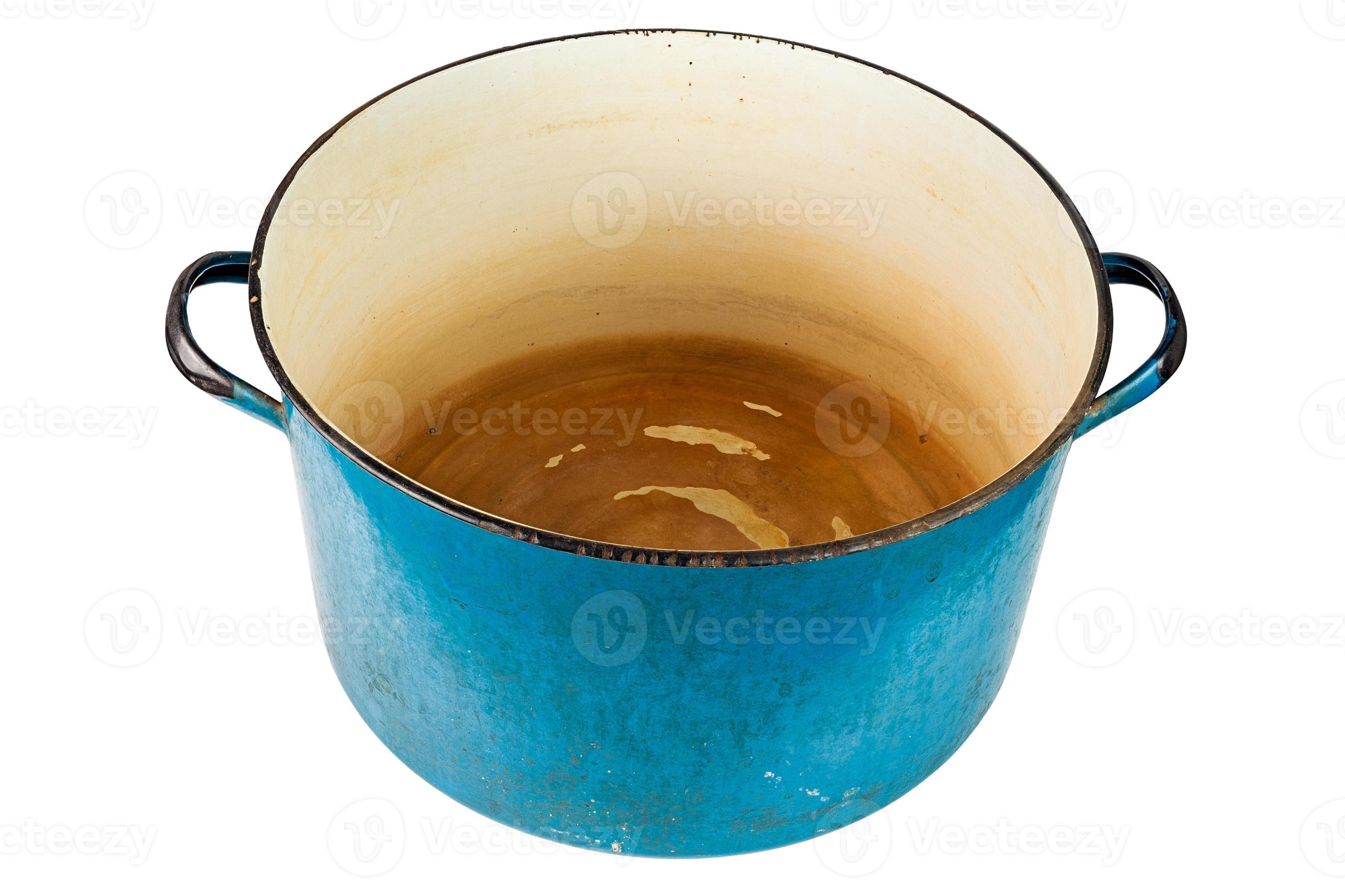 old large enameled blue pot without cover isolated on white background
