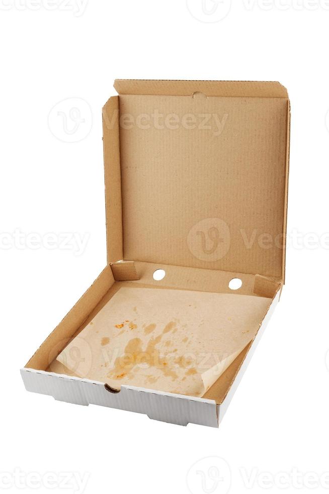 empty eaten opened pizza box isolated on white background photo