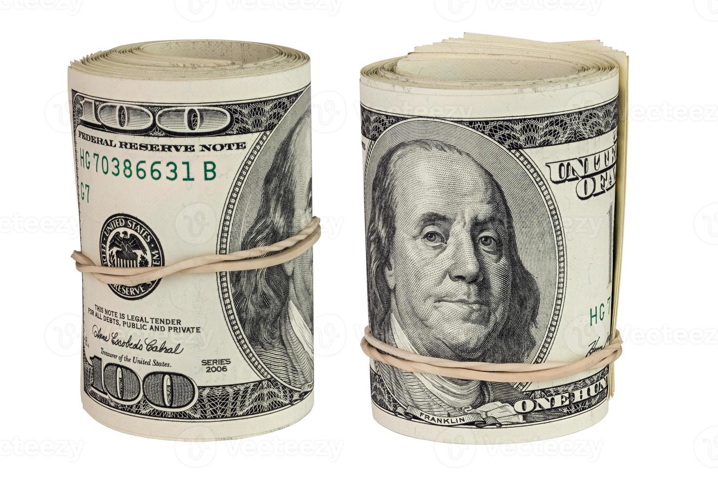 set of two rolls of hundred us dollars standing up and isolated on white background photo