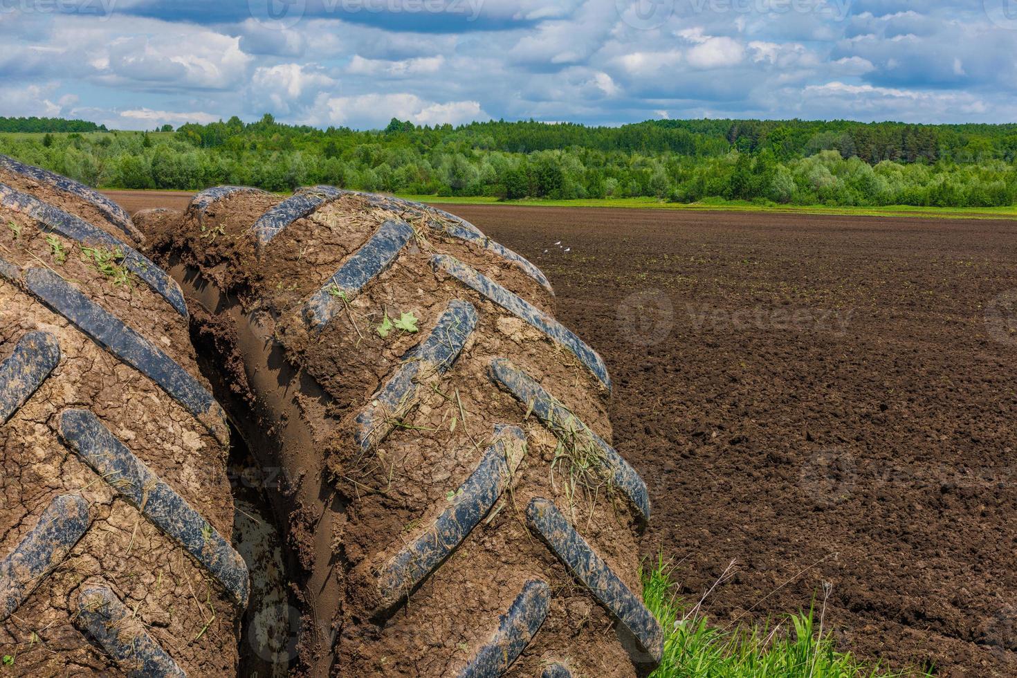 Sucias ruedas dobles de tractor agrícola en el soleado día de verano con campo arado en el fondo foto