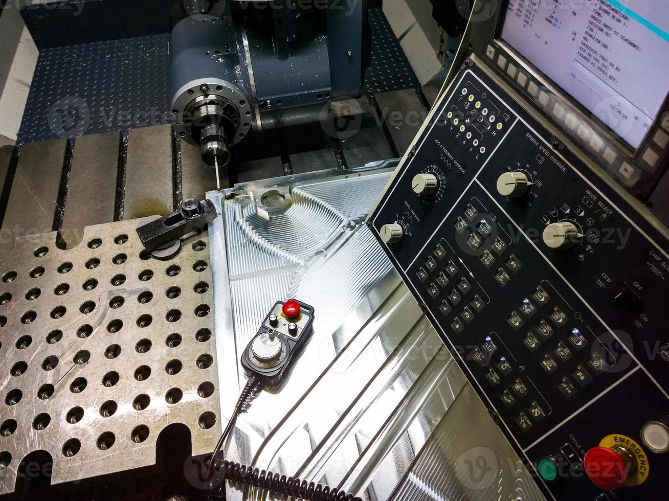 measuring process with ruby touch probe on large CNC milling machine in jog mode photo