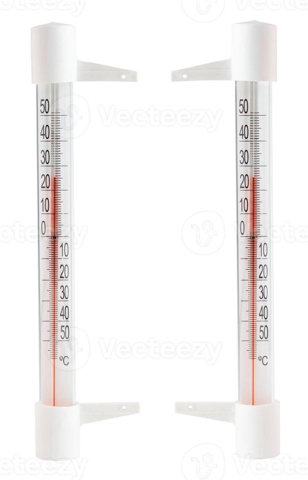 set of two soviet outdoor red mercury window thermometer isolated on white background - fof left and right sides photo