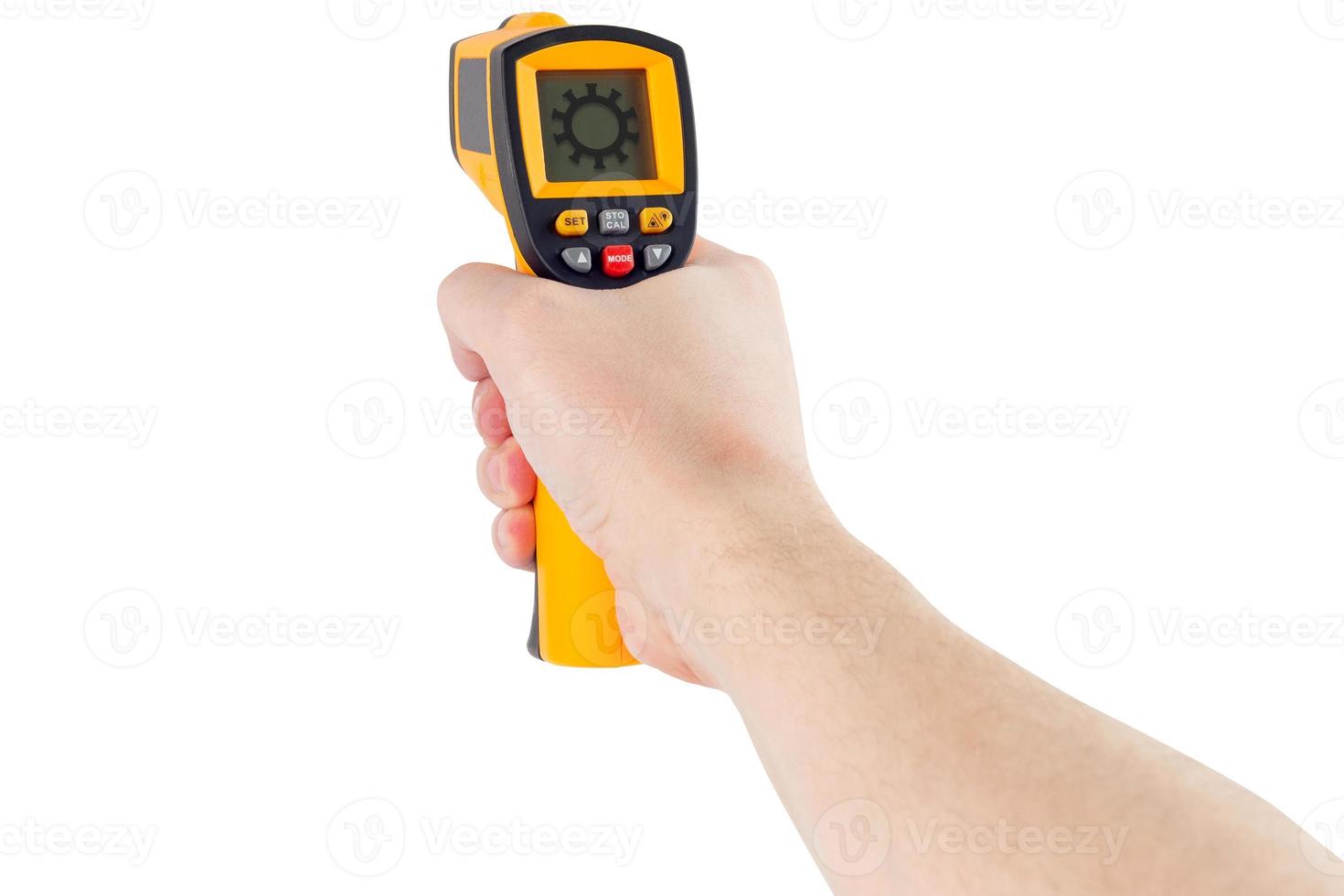 hand aiming with infrared contactless thermometer with coronavirus icon isolated on white background photo