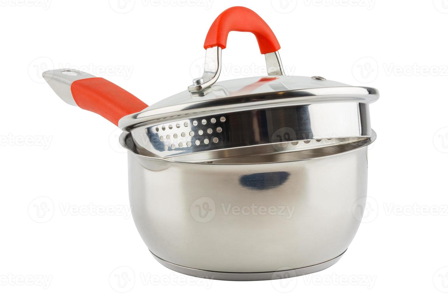 small shiny stainless steel pot with orange handle and glass lid - isolated on white photo