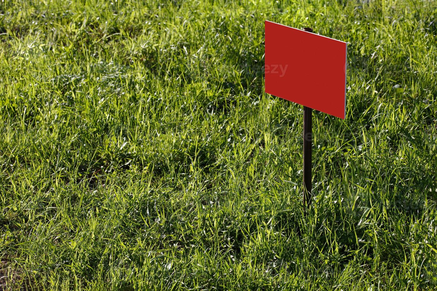 blank red sign mockup on green lawn background - close-up with selective focus photo