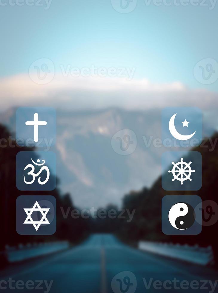 Religious symbols. Christianity cross, Islam crescent, Buddhism dharma wheel, Hinduism aum, Judaism David star, Taoism yin yang, world religion concept. Prophets of all religions bring peace to world. photo