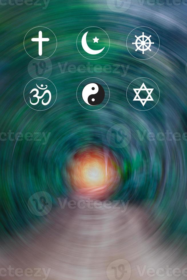 Religious symbols. Christianity cross, Islam crescent, Buddhism dharma wheel, Hinduism aum, Judaism David star, Taoism yin yang, world religion concept. Prophets of all religions bring peace to world. photo