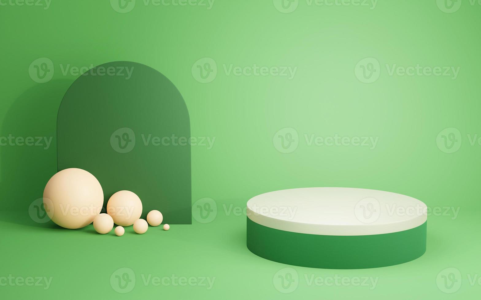 Minimal podium with green scene background, mock up, geometry shape platform for product display, modern stage. 3D render illustration. photo