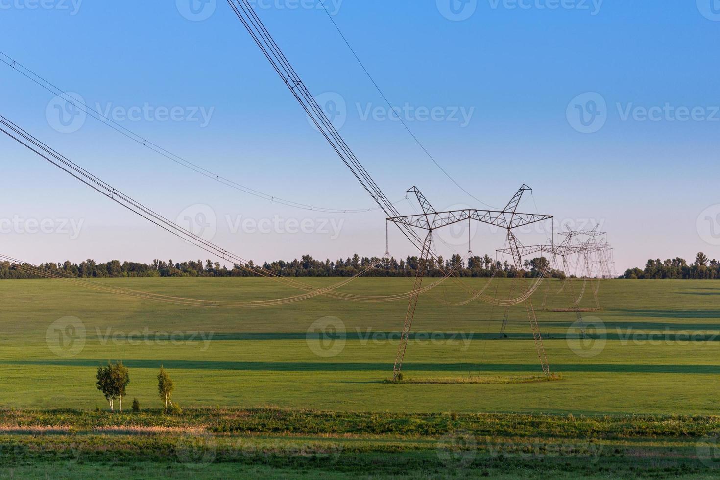 huge power line towers on field at summer evening photo
