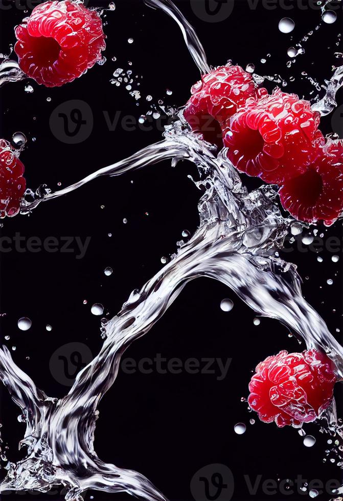 Seamless pattern falling raspberries falling into water on black background. 3d illustration. photo