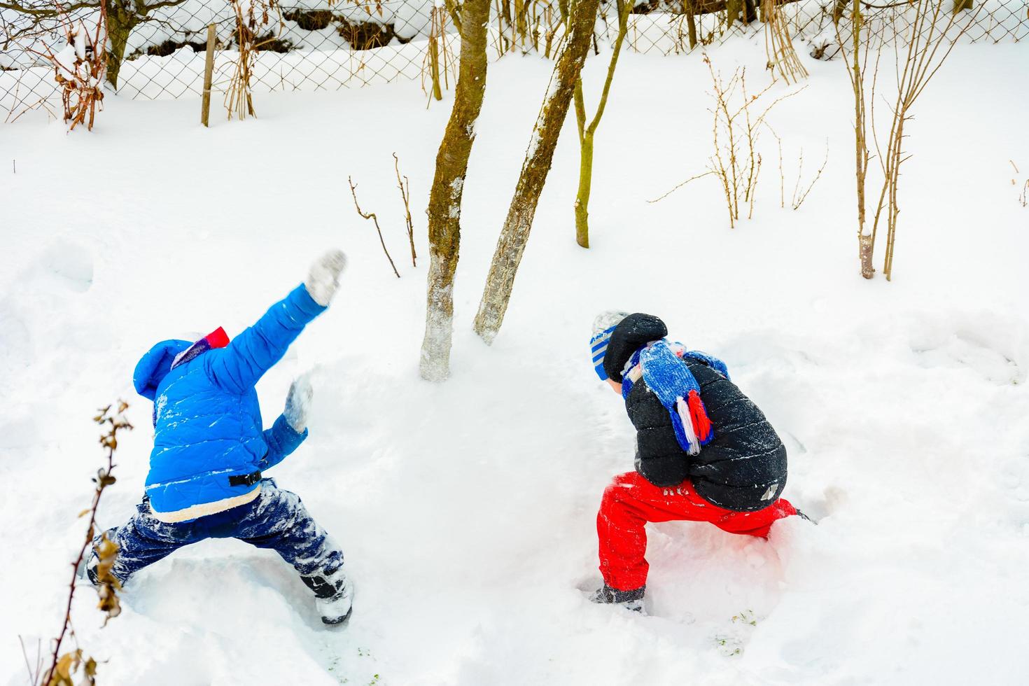 happy children playing snowballs, two brothers enjoying winter vacation, energetic game in the snow. photo