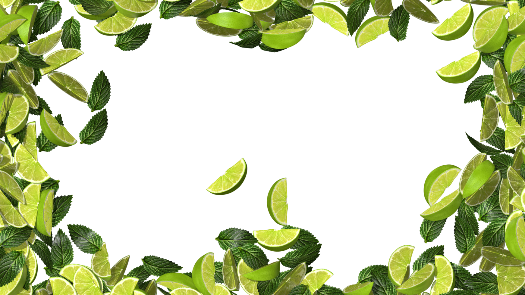 Lime and Mints Leaves Scattered Photo Frame, Isolated Lemon and Mint 3D Rendering png