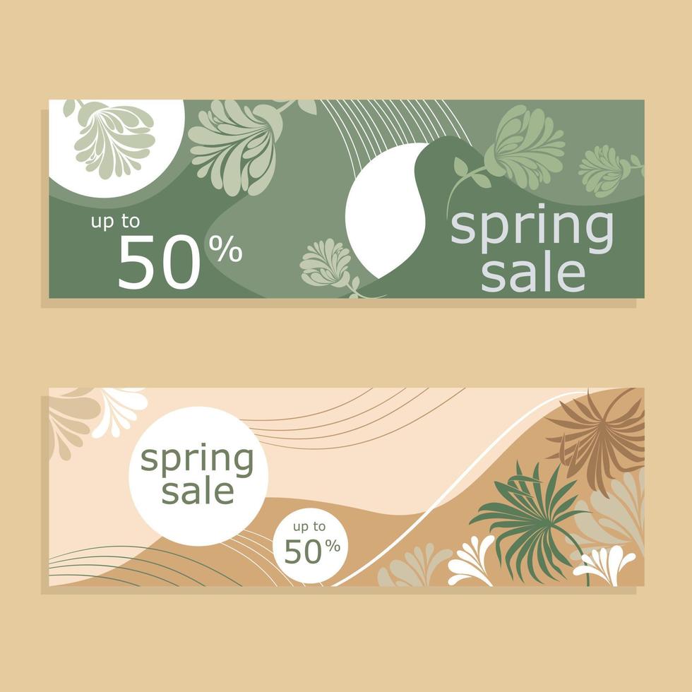 oferta de promoción, tarjeta para la temporada de rebajas de primavera con decoración de plantas, hojas y flores de primavera. ilustración vectorial vector
