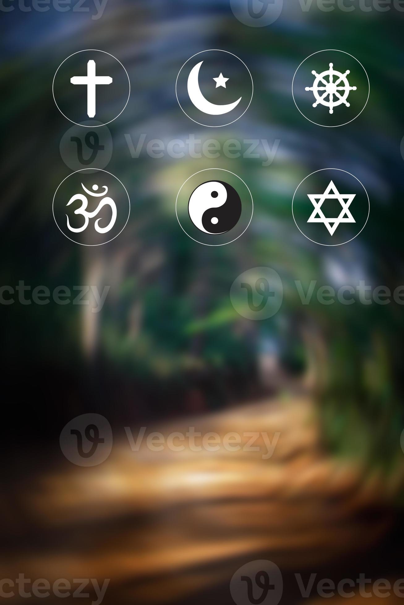 Religious symbols. Christianity cross, Islam crescent, Buddhism dharma