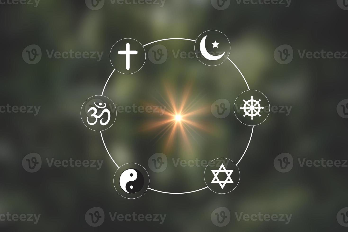 simbolos religiosos cruz cristiana, media luna islámica, rueda del dharma del budismo, aum del hinduismo, estrella de david del judaísmo, taoísmo yin yang, concepto de religión mundial. los profetas de todas las religiones traen paz al mundo. foto