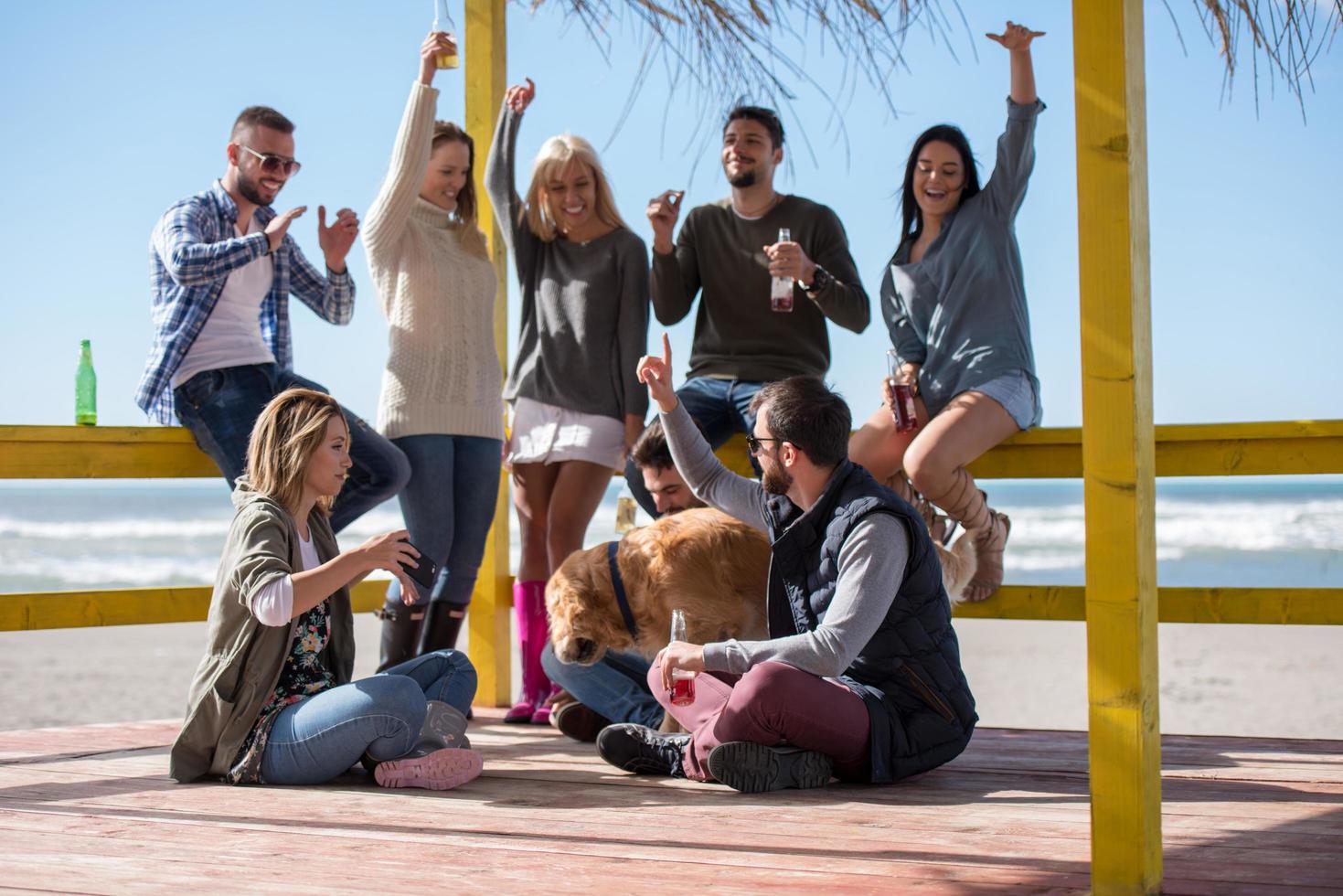 Group of friends having fun on autumn day at beach photo