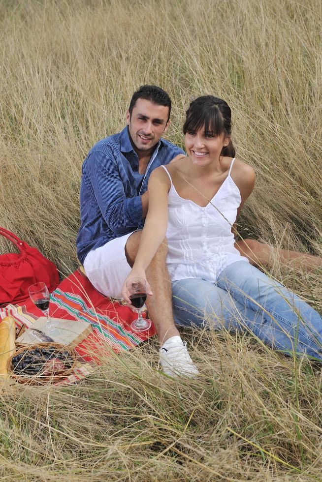 pareja feliz disfrutando de un picnic en el campo en hierba larga foto