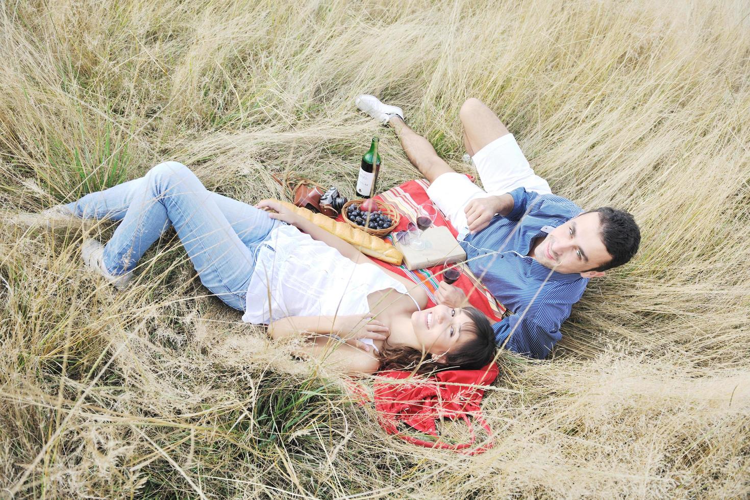 pareja feliz disfrutando de un picnic en el campo en hierba larga foto