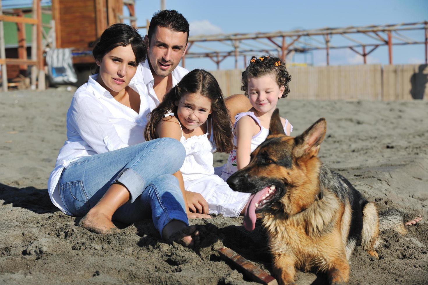 happy family playing with dog on beach photo