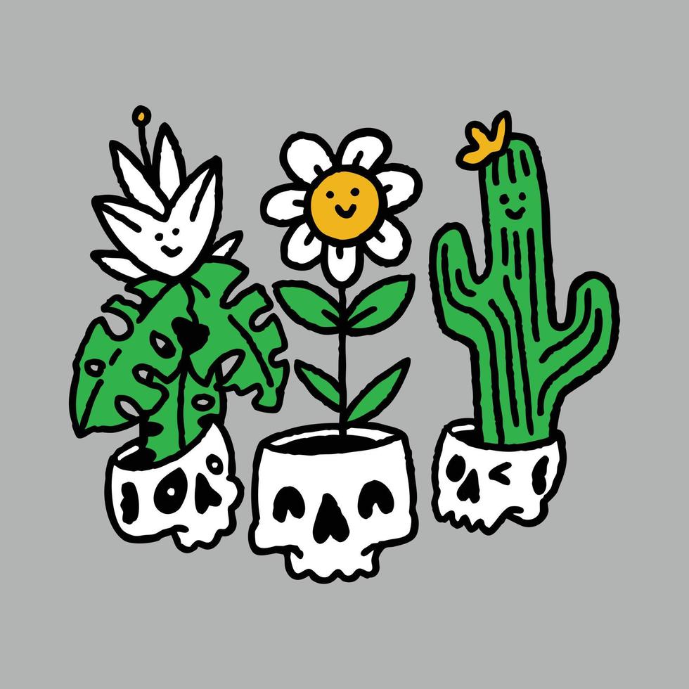 cráneo y plantas ilustración gráfica arte vectorial diseño de camiseta vector