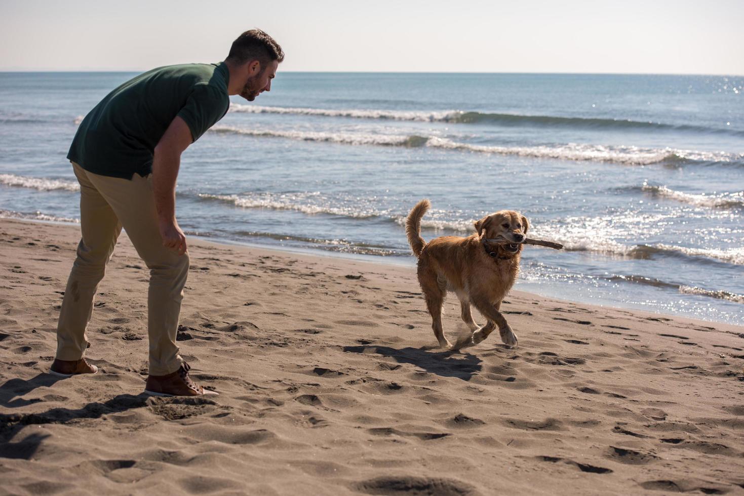 hombre con perro disfrutando del tiempo libre en la playa foto