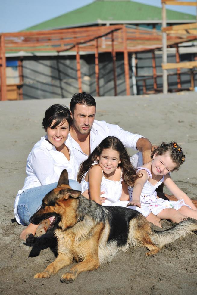 happy family playing with dog on beach photo