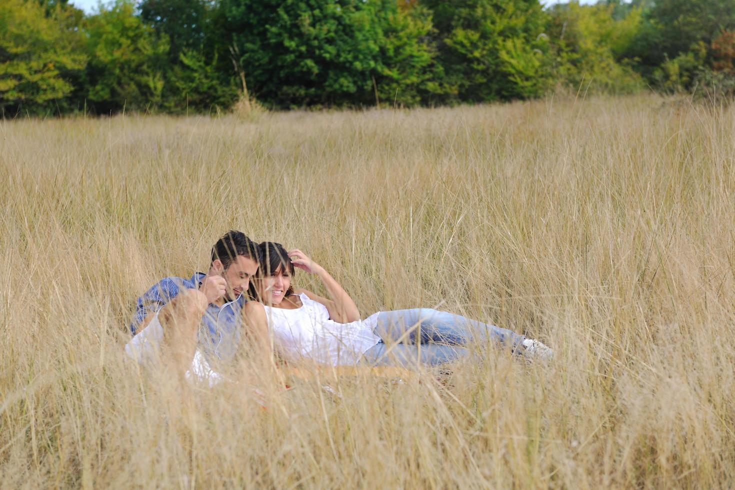 pareja feliz disfrutando de un picnic en el campo en hierba larga foto