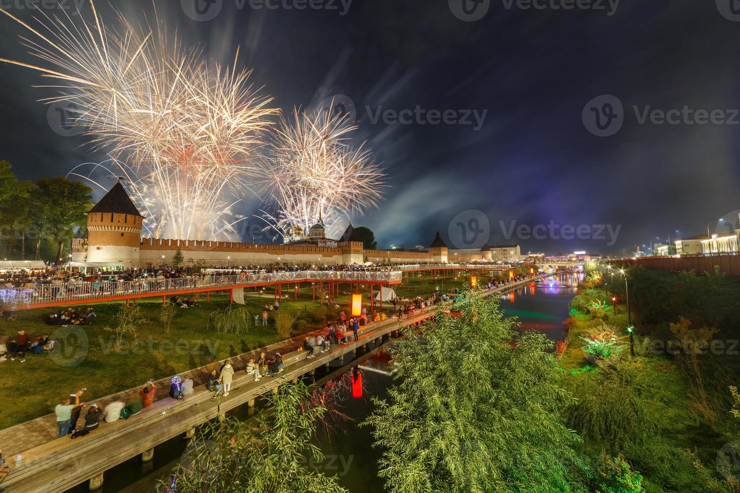 summer night fireworks above the kremlin at end of day of the city in Tula, Russia photo