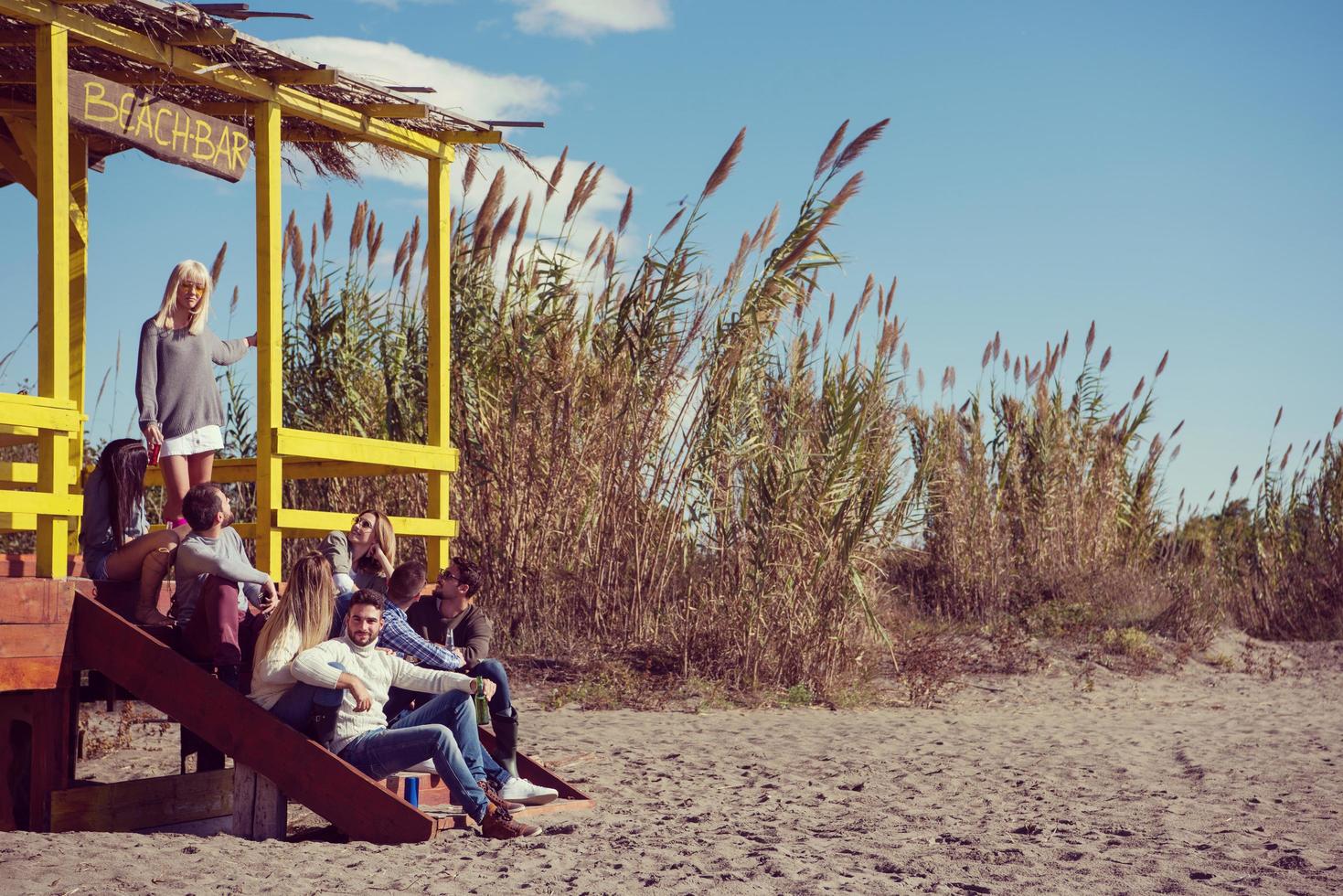 Group of friends having fun on autumn day at beach photo