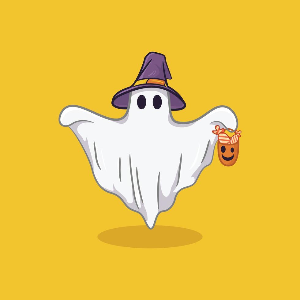 ilustración de lindo fantasma en sombrero de halloween con estilo de icono de dibujos animados vector