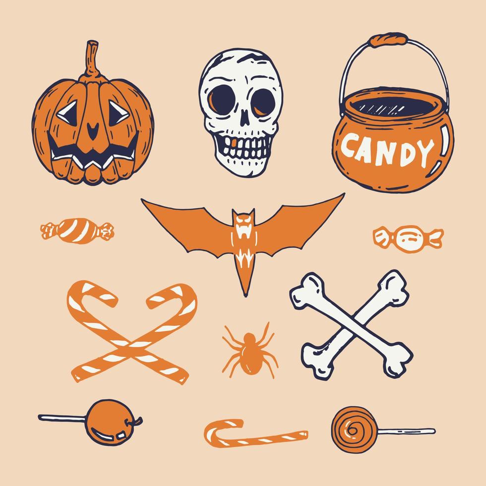 ilustración de adorno de halloween de calavera, banderín, huesos, murciélagos y dulces vector