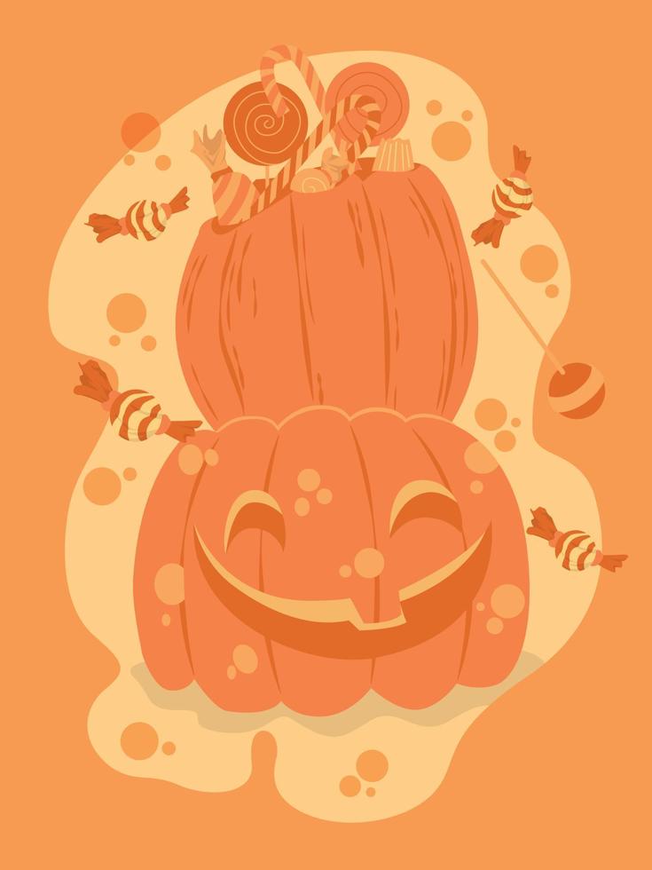 illustration of a pumpkin with a pile of candies inside vector