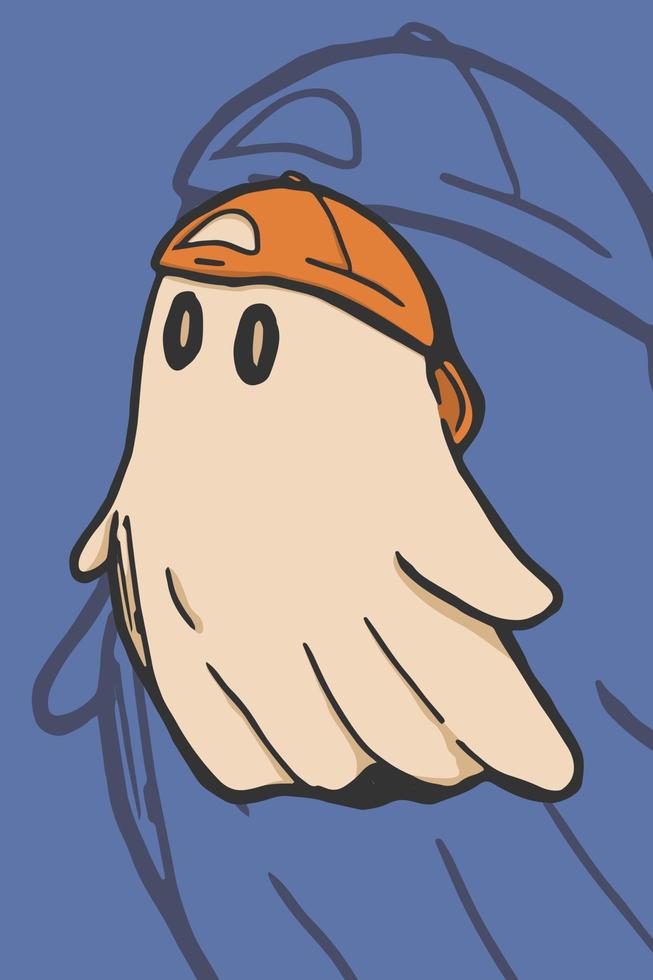 ilustración de un fantasma lindo con sombrero naranja en halloween con fondo azul vector