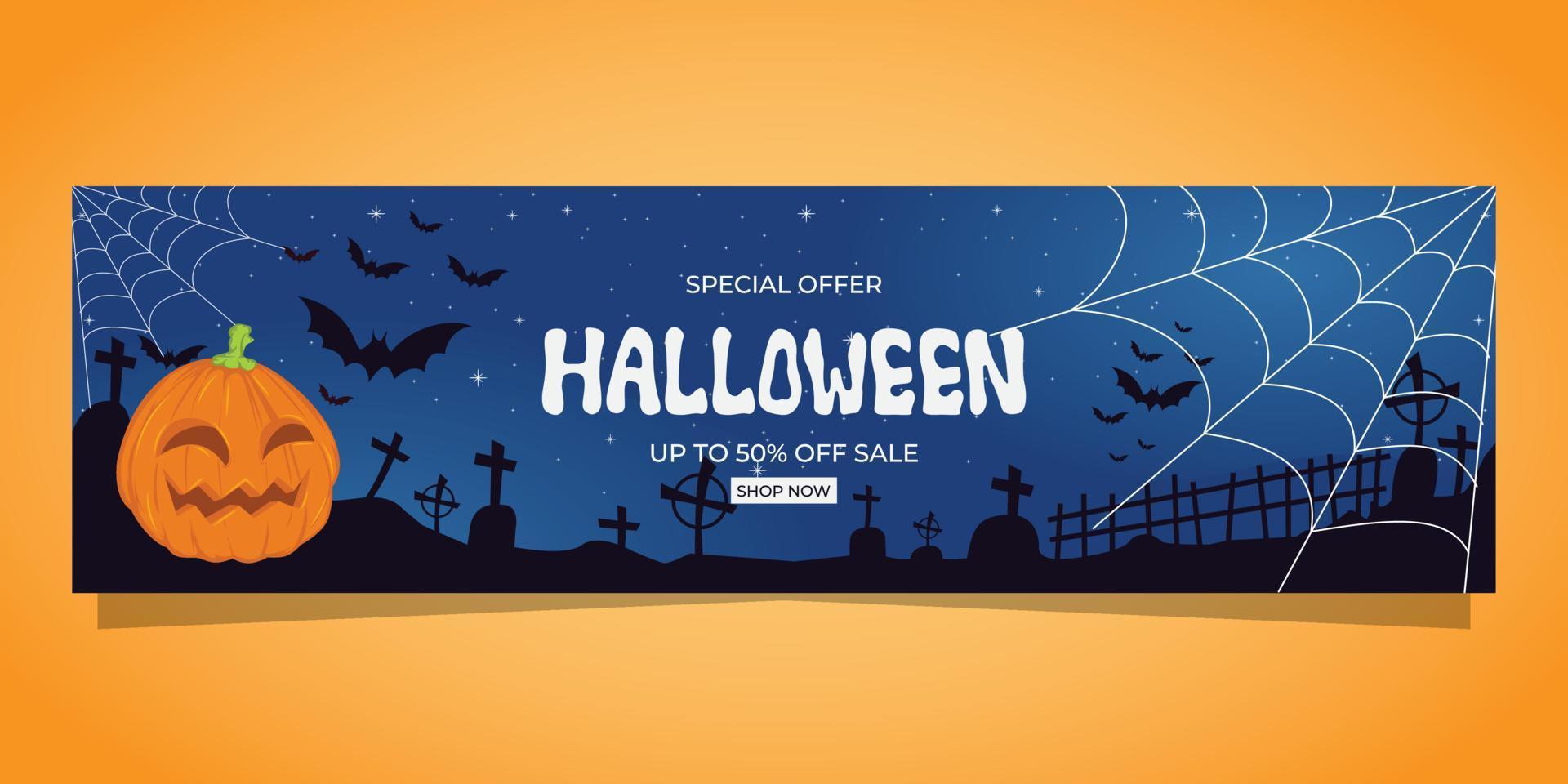 Sales web banner template for Halloween with pumpkins and Spider webs on blue background vector