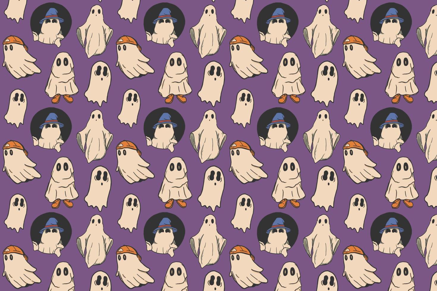 Halloween theme pattern with cute ghost illustration on purple background vector