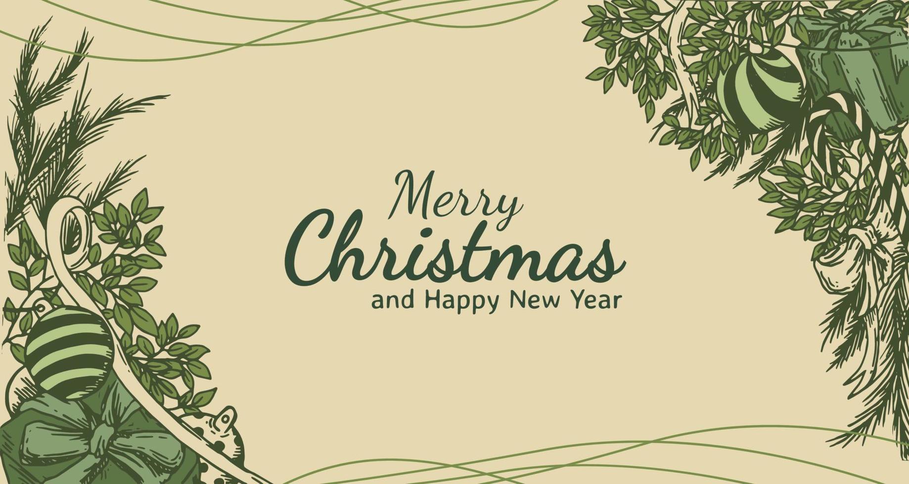 Hand drawn merry christmas and happy new year background with cream and green tones vector