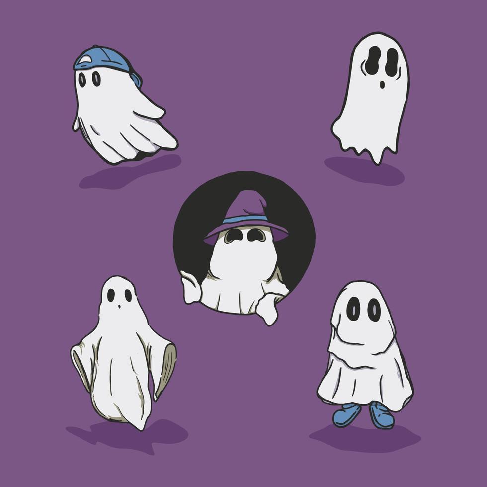 paquete dibujado a mano de linda ilustración de personaje fantasma cuando llega halloween vector