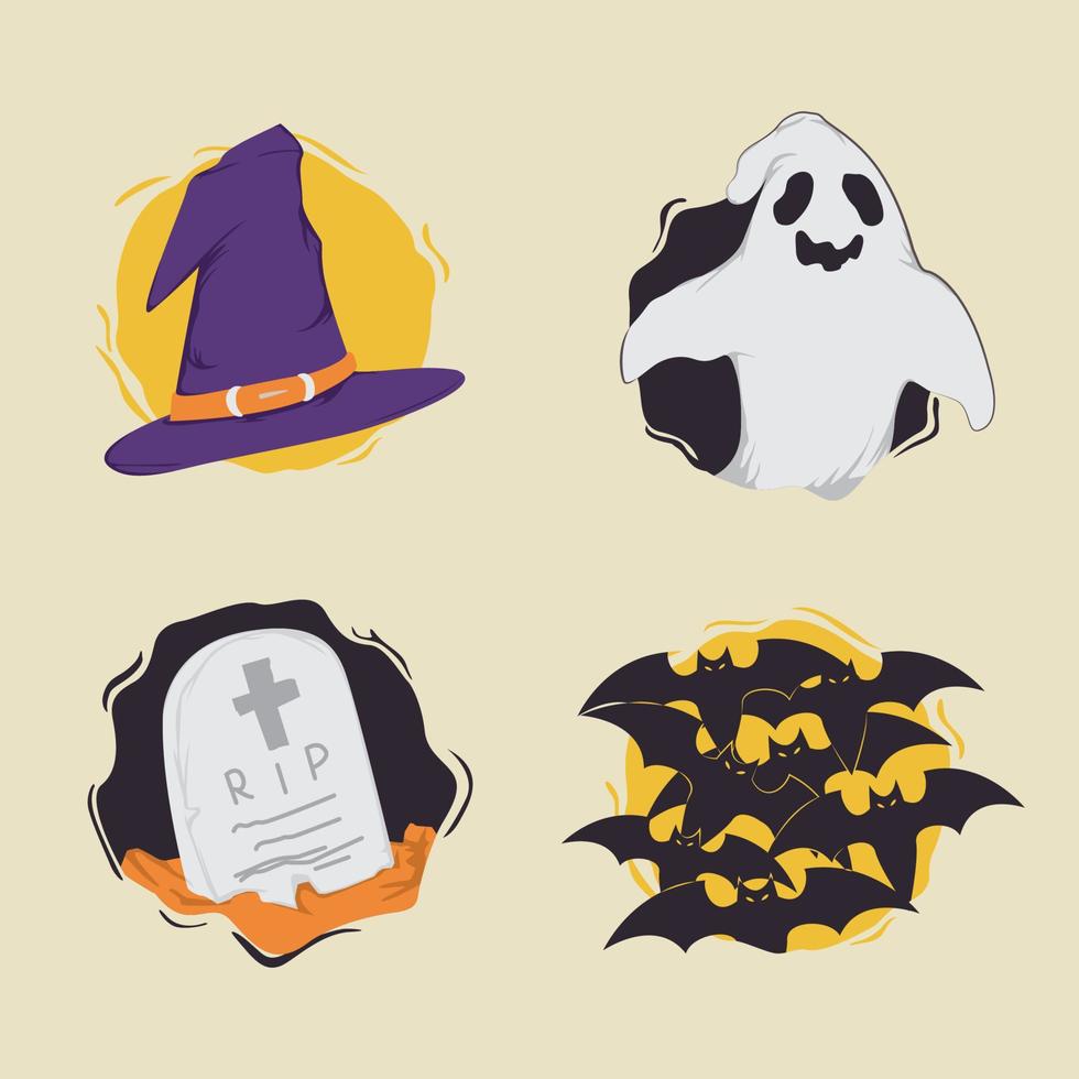 Bundle set illustration of bats, ghosts, tombstones and witch hats on halloween night vector