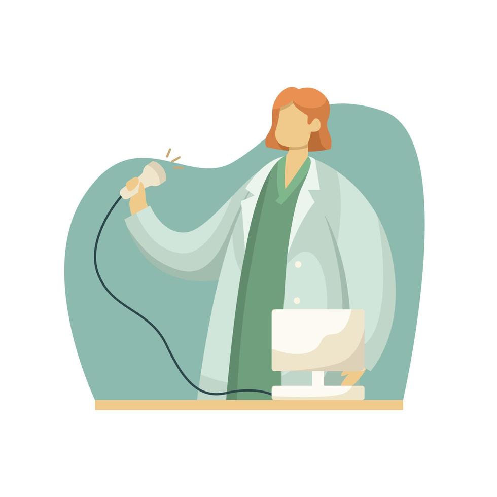 Vector illustration of an ultrasound doctor with a sensor for examination in her hands. Profession. Flat style