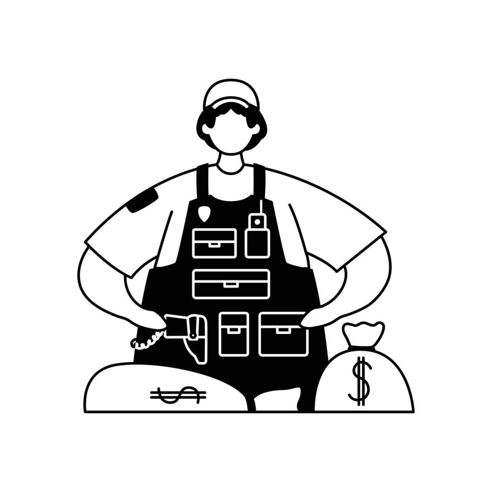 Vector illustration of a collector in a bulletproof vest with bags of money. Profession.