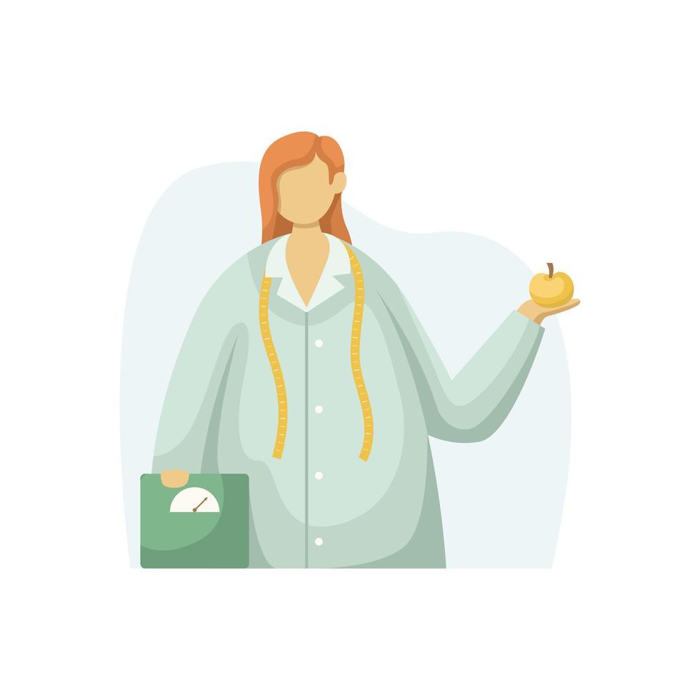 Vector illustration of a nutritionist with scales and measuring tape. Profession. Flat style