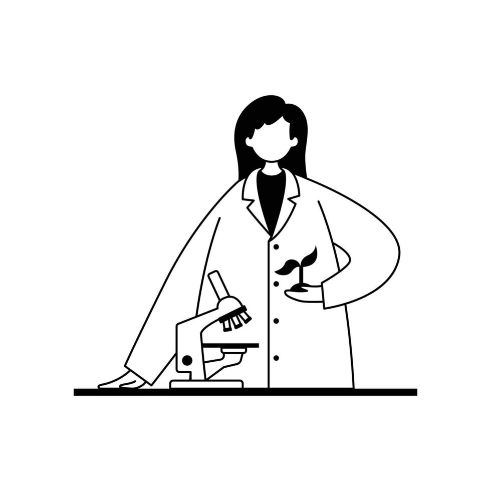 Vector illustration of a biologist in a white coat studying a plant under a microscope. Professions. Outline